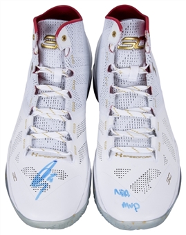 Stephen Curry Autographed and Inscribed "NBA MVP" Under Armour Curry 2 Basketball White Sneakers  (Fanatics)